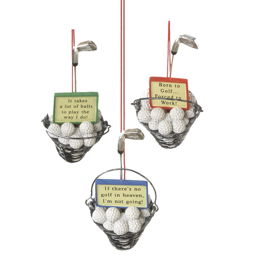 Golf-themed decorative items with golf balls, clubs, and humorous signs on a white background.
