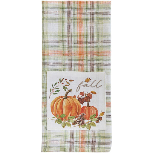 Plaid towel with 'fall' text and pumpkin design on a white background