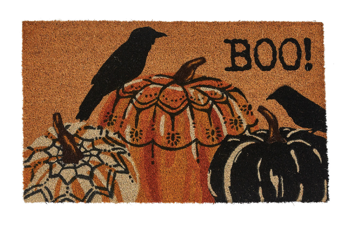 Halloween-themed doormat with pumpkins, a crow, and 'BOO!' text on an orange background.