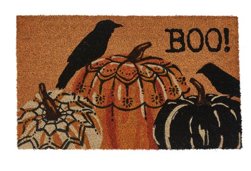 Halloween-themed doormat with pumpkins, a crow, and 'BOO!' text on an orange background.
