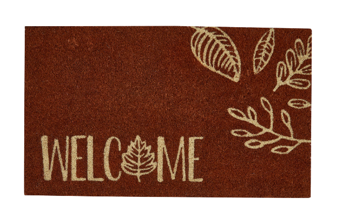 Brown doormat with 'WELCOME' and leaf designs on a white background