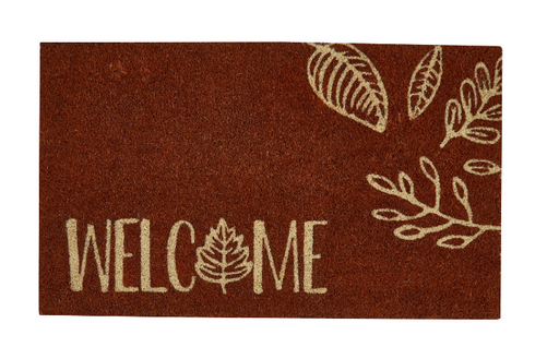 Brown doormat with 'WELCOME' and leaf designs on a white background