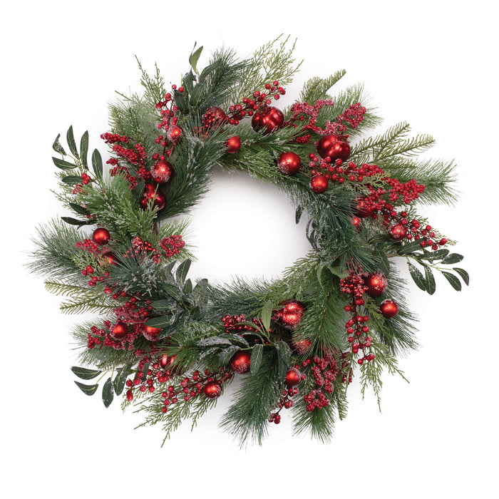 Pine Wreath with Red Berries and Balls - 28"