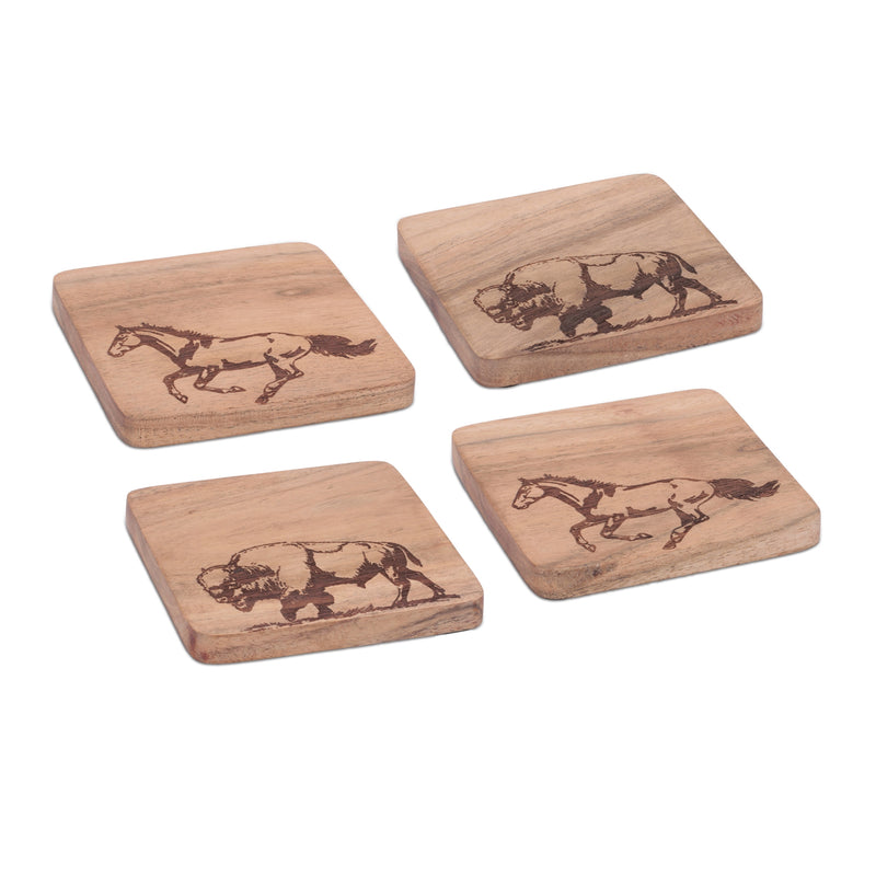 Four wooden coasters with horse and bison engravings on a white background
