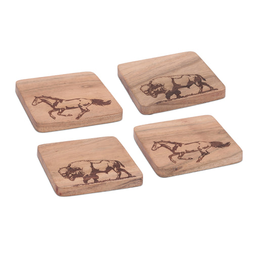 Four wooden coasters with horse and bison engravings on a white background