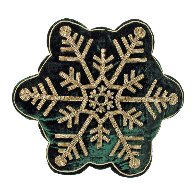 Green and Gold Snowflake Pillow