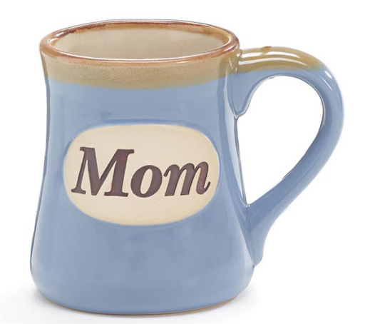 Blue mug with 'Mom' on a beige background
