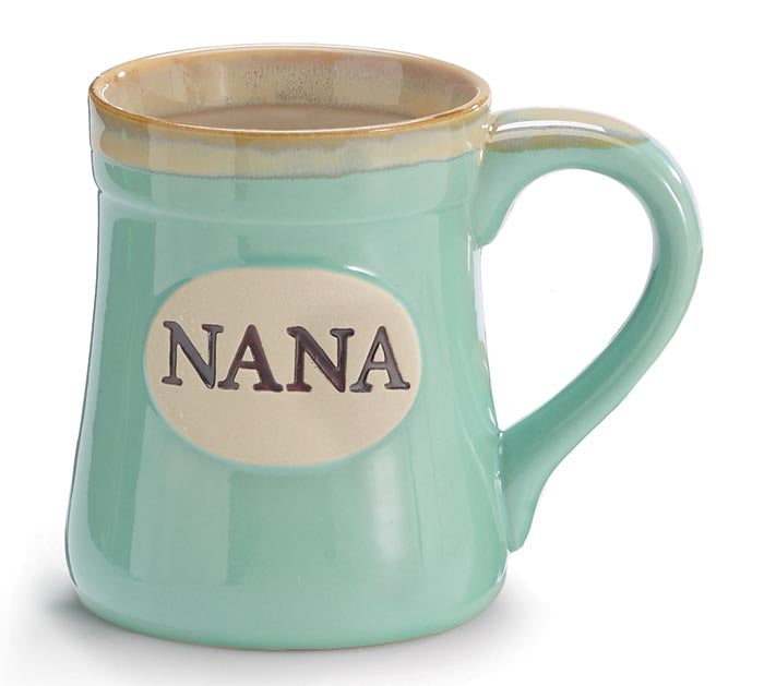 Mint green mug with 'Nana' label on a white background