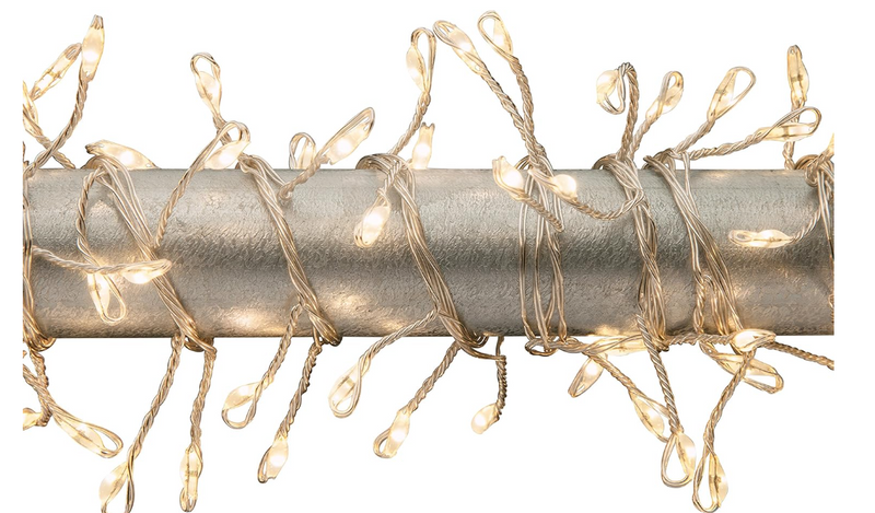 Decorative string lights wrapped around a cylindrical metal rod on a white background