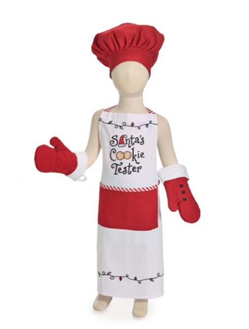Child's apron set with red hat, mittens, and apron with 'Santa's Cookie Tester' text on a white background