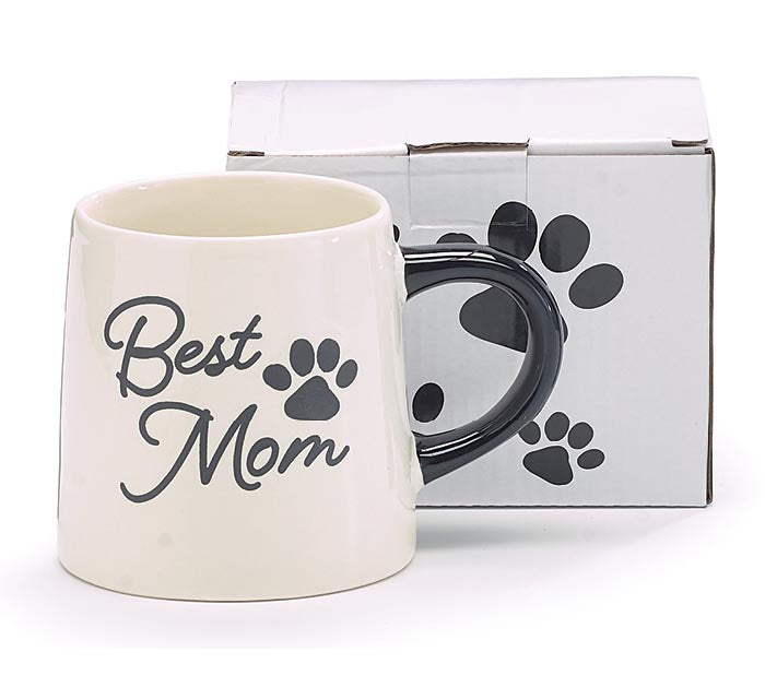 White mug with 'Best Mom' text and paw prints, placed in front of a matching gift box on a white background.