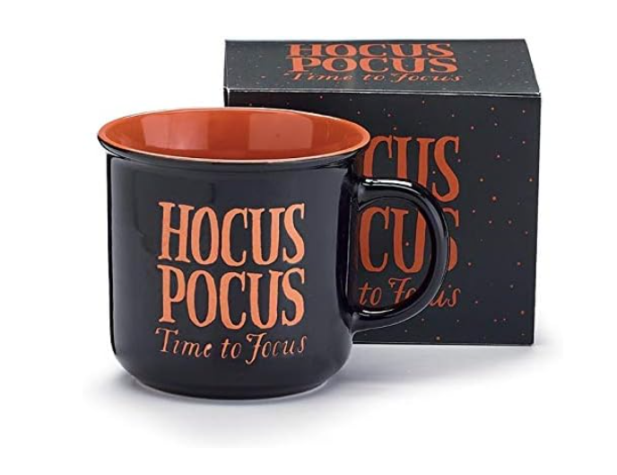 Black mug with orange text 'HOCUS POCUS Time to Jorus' and matching box on a white background