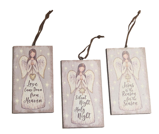 Three wooden angel decorations with Christmas messages on a white background