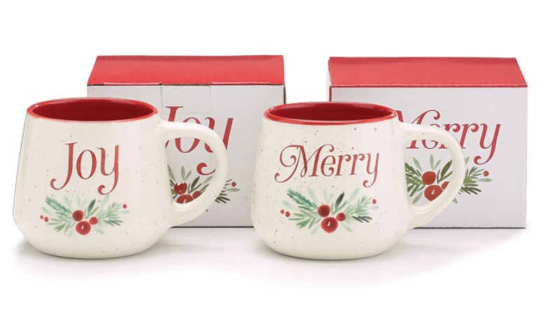 Two Christmas-themed mugs with 'Joy' and 'Merry' text, accompanied by matching gift boxes on a white background.
