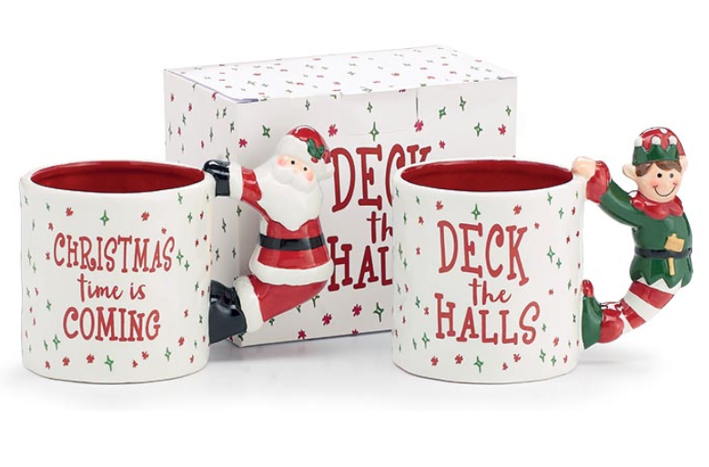 Set of Christmas-themed mugs with decorative elements on a white background