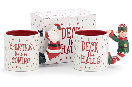 Set of Christmas-themed mugs with decorative elements on a white background