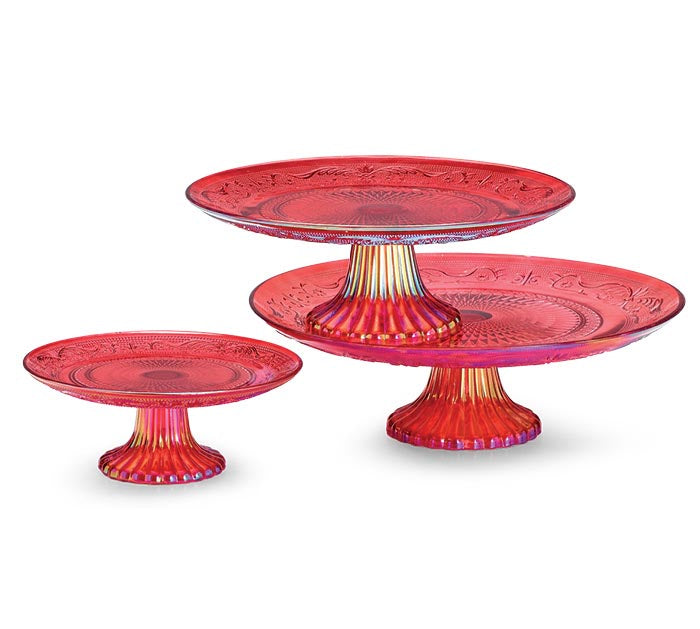 Red Iridescent Glass Cake Pedestals