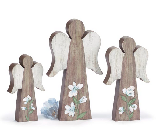 Set of three wooden angel figurines with floral designs on a white background