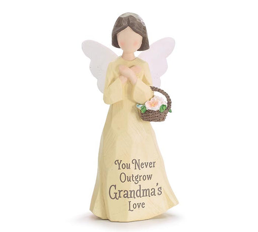 Angel figurine with a basket of flowers and 'You Never Outgrow Grandma's Love' text on a white background