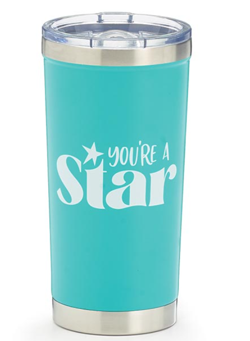 Turquoise tumbler with 'You're a Star' text on a white background
