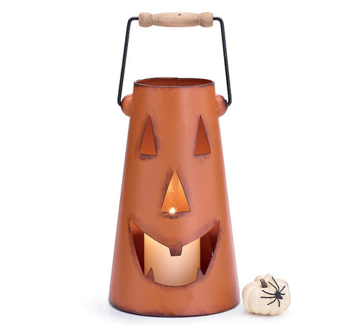 Halloween-themed lantern with jack-o'-lantern face design on a white background