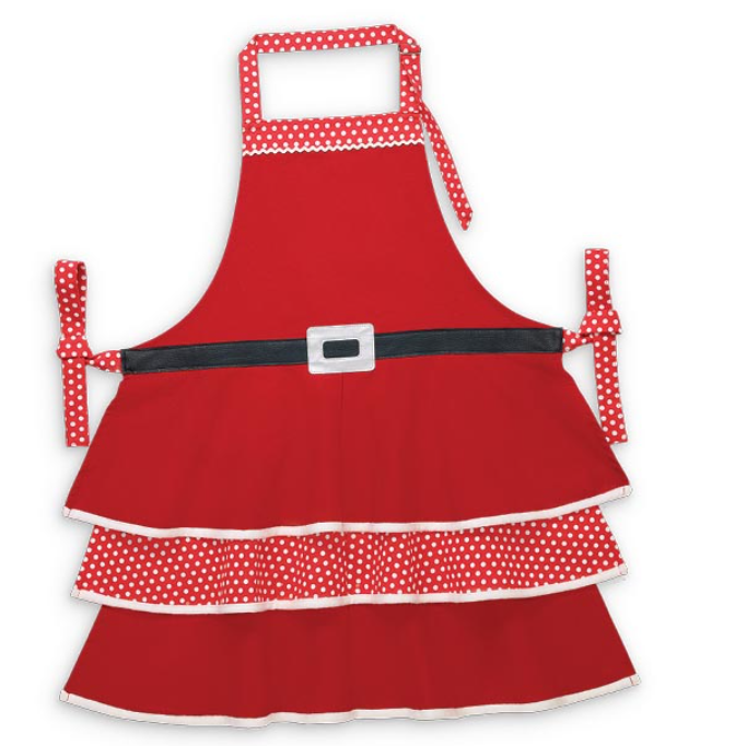 Red apron with white polka dots and a black belt on a white background