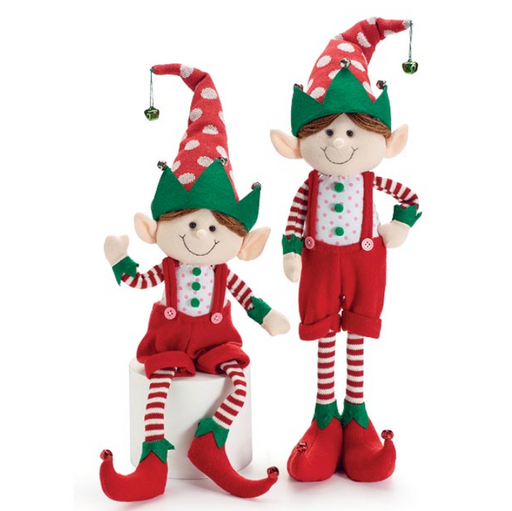 Two Christmas elves in red and green outfits on a white background