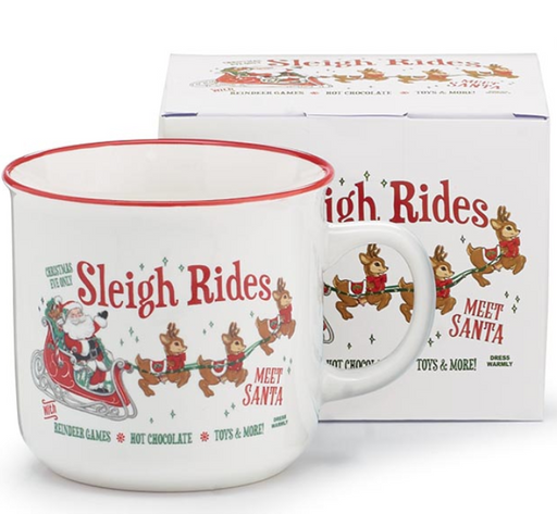 White mug with red rim and 'Sleigh Rides Meet Santa' design, next to its packaging box.