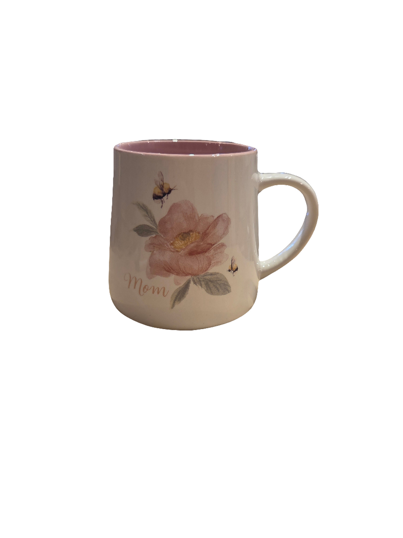Mug with floral design and 'Mom' text on a white background
