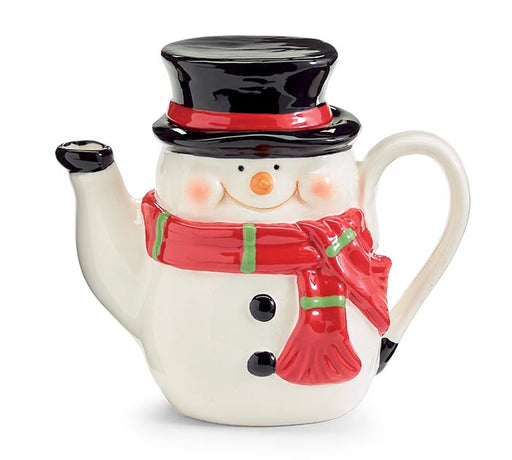 Snowman-shaped teapot with a red scarf and black top hat on a white background