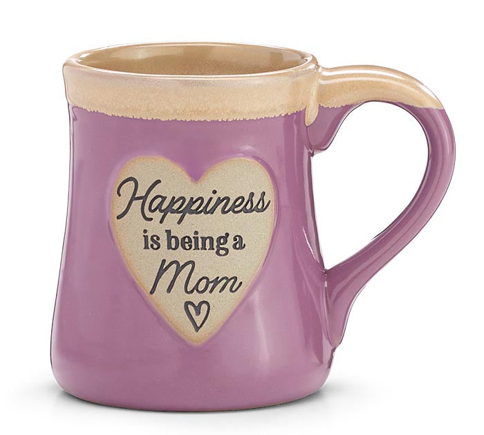 Purple mug with a heart-shaped wooden plaque saying 'Happiness is being a Mom' on a white background