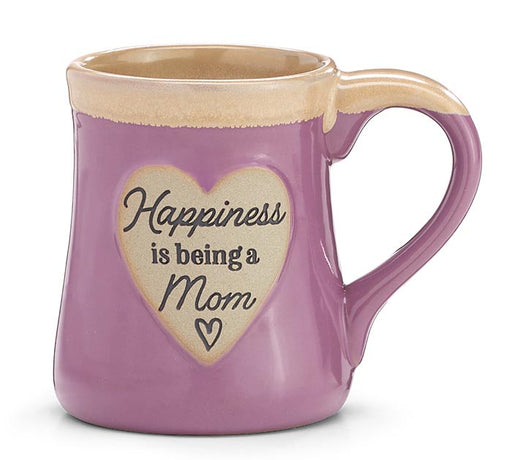 Purple mug with a heart-shaped wooden plaque saying 'Happiness is being a Mom' on a white background