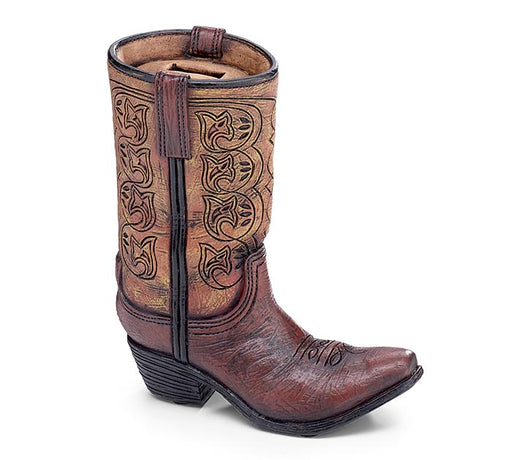 A single brown leather cowboy boot with carved western embroidery on the shaft, a dark brown pull tab, and a black stacked heel, shown against a plain white background.