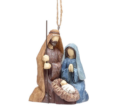 Decorative nativity scene with Mary, Joseph, and baby Jesus in a manger on a white background.