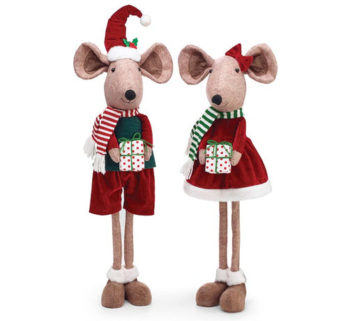 Two Christmas-themed plush mouse figurines standing side by side on a white background. One wears red shorts with a red-and-white striped scarf and green sweater, holding wrapped gifts.