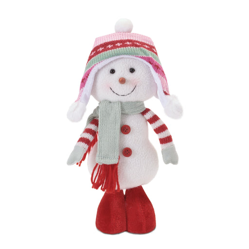 Plush snowman toy with a colorful hat, scarf, and red boots on a white background