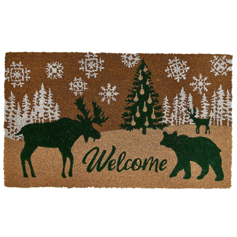 Doormat with moose, bear, and Christmas tree design on a brown background