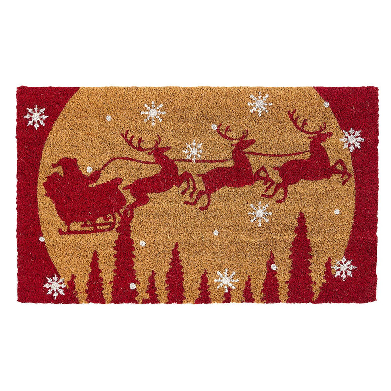 Christmas-themed doormat with Santa's sleigh and reindeer on a red background
