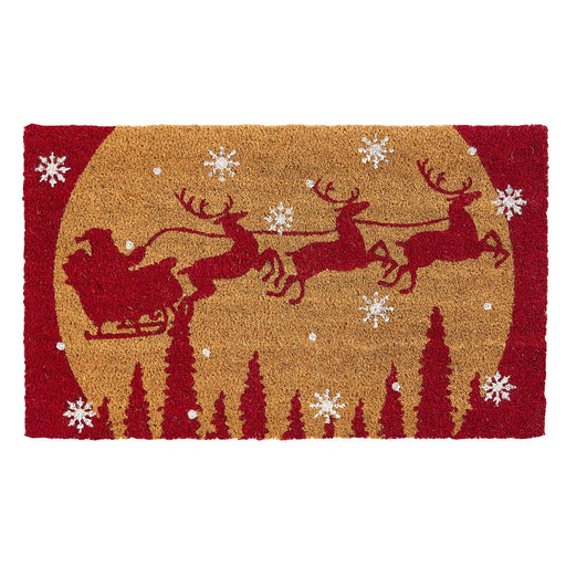 Christmas-themed doormat with Santa's sleigh and reindeer on a red background