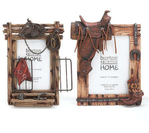 Two rustic western-themed picture frames by Burton + Burton Home, shown side by side on a white background. One frame is shaped like a gate with a horse head and hanging leather details, and the other is a saddle-shaped frame with leather, horseshoe, and star details.