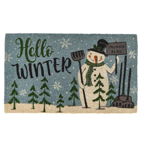 Doormat with a snowman design and 'Hello Winter' text, featuring trees and a shovel.