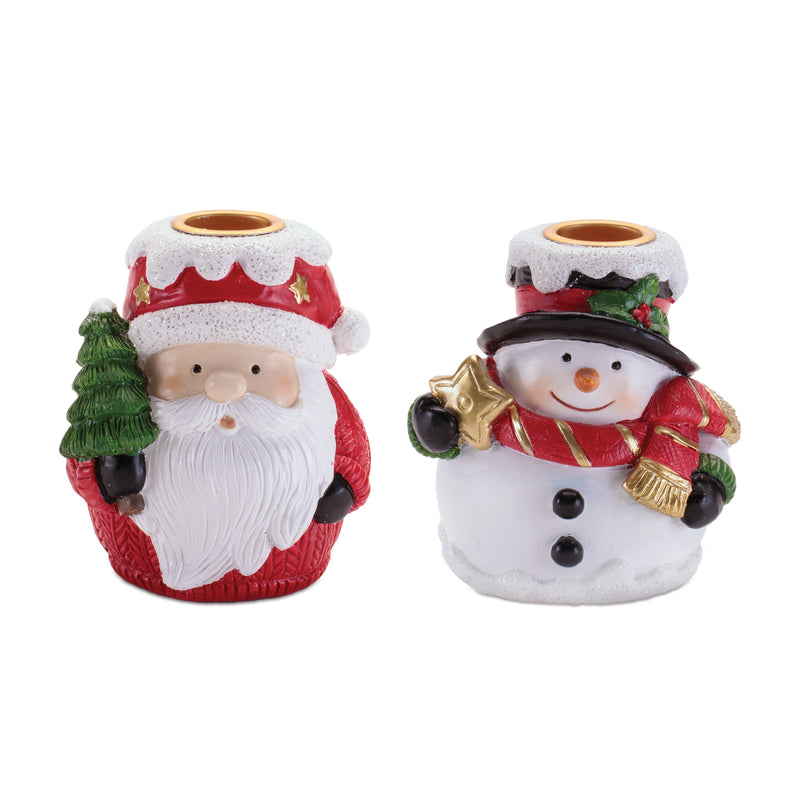 Santa and Snowman Taper Candle Holder Set