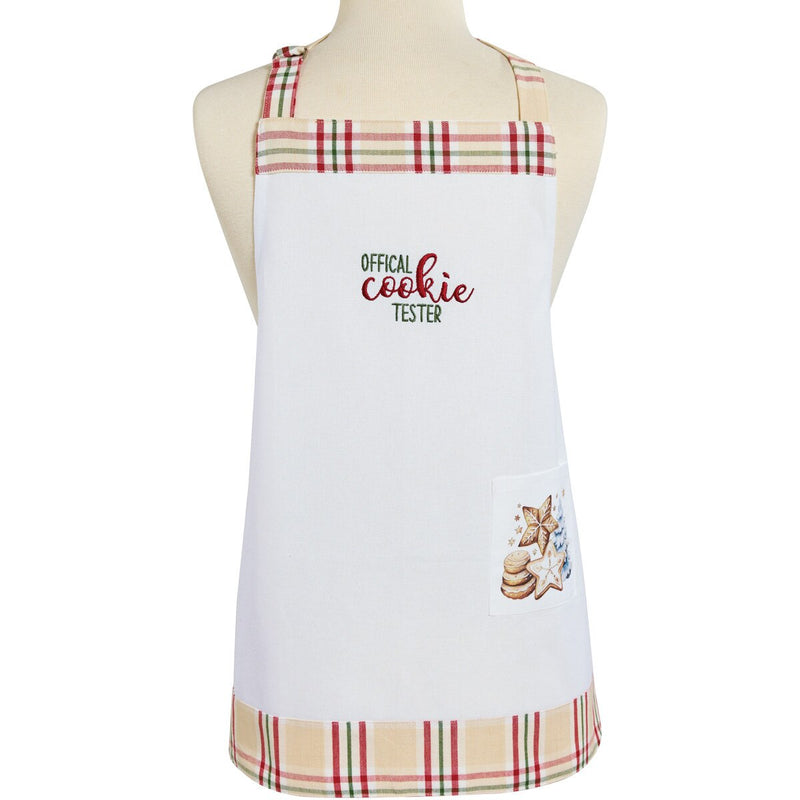 White apron with plaid trim and 'Official Cookie Tester' text on a mannequin.