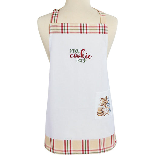 White apron with plaid trim and 'Official Cookie Tester' text on a mannequin.