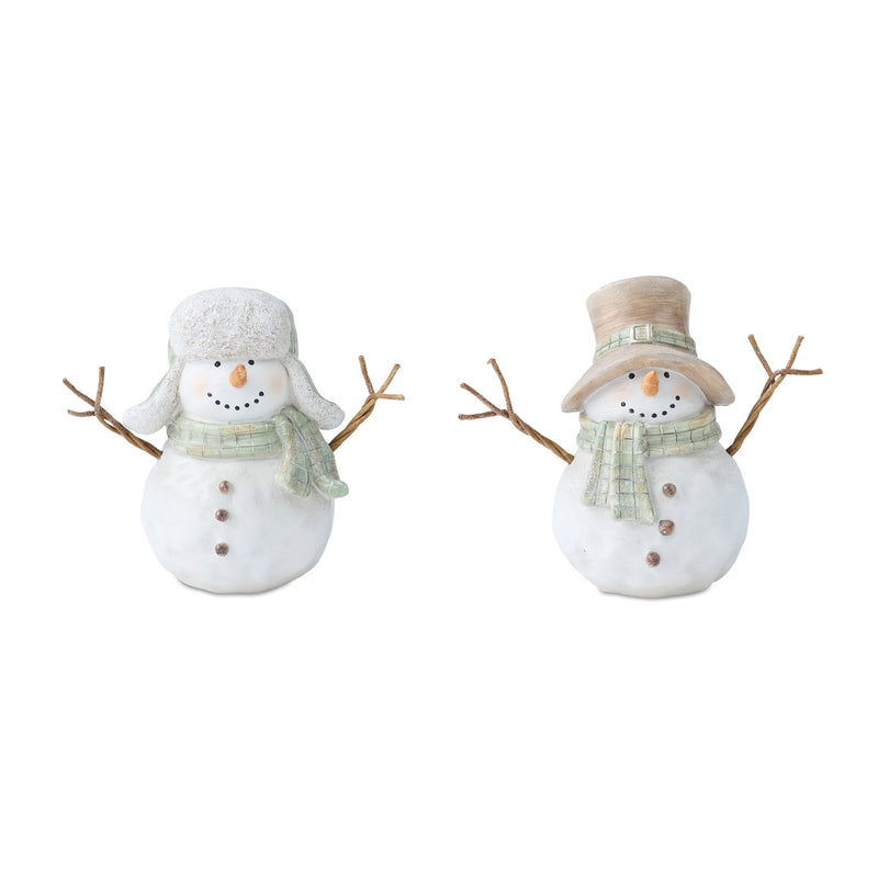 Two snowman figurines with hats and scarves on a white background