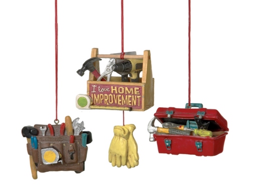 Decorative home improvement tools and accessories hanging on a white background