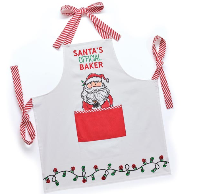Children's apron with Santa Claus design and 'Santa's Official Baker' text on a white background.