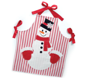 Striped apron with snowman design on a white background