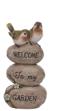 Decorative stone with two birds on top, displaying 'Welcome to my Garden' text.