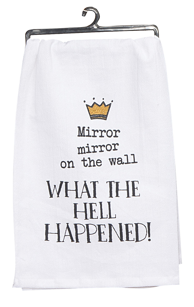 White towel with humorous text and crown graphic on a hanger